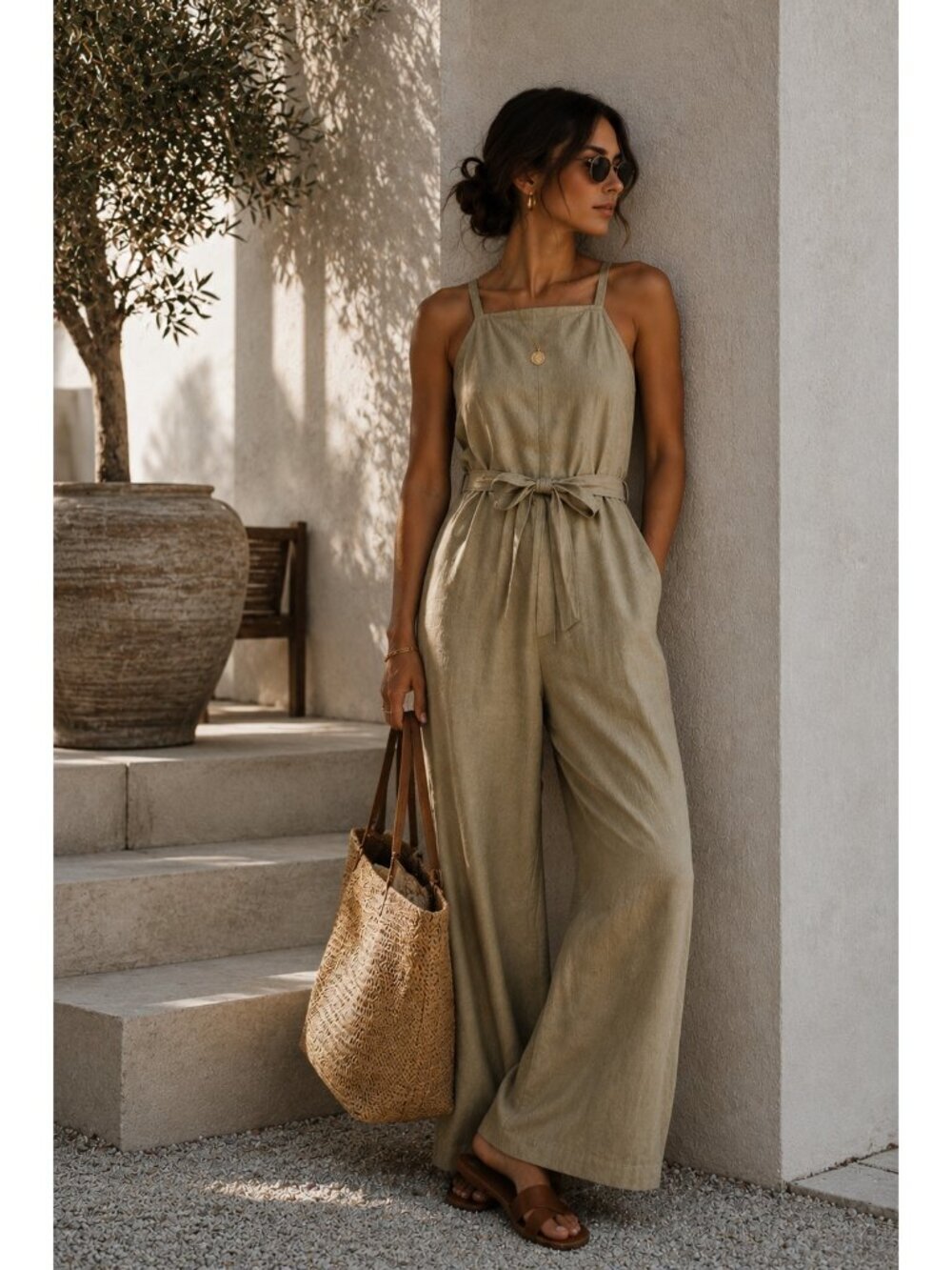 Mossimo Womens Linen Blend Jumpsuit XXL Tan Wide Leg Sleeveless Belted Casual